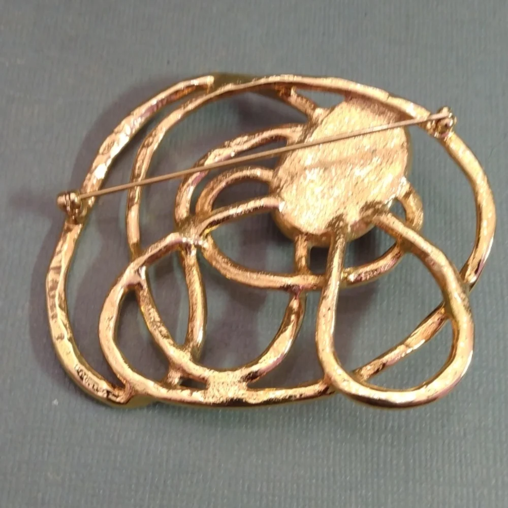 Large Gold Tone Abstract Brooch.  Purple Cabochon Statement Pin D